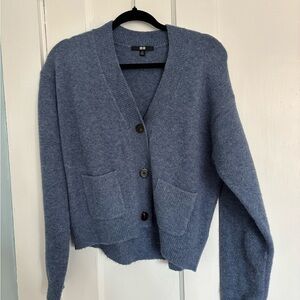 Uniqlo Dusty Blue V-Neck Button-Front Cardigan with Patch Pockets